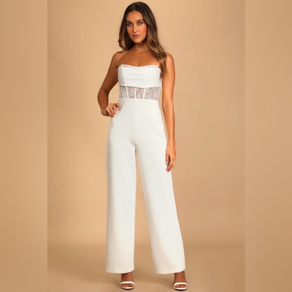 Lulus White Lace Strapless Corset Jumpsuit Size S